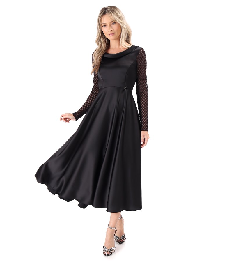 Satin midi dress with long lace sleeves