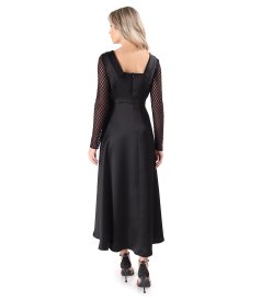 Satin midi dress with long lace sleeves