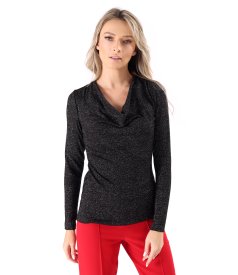 Elastic jersey blouse with metallic thread and pleated neckline