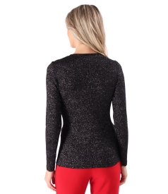 Elastic jersey blouse with metallic thread and pleated neckline