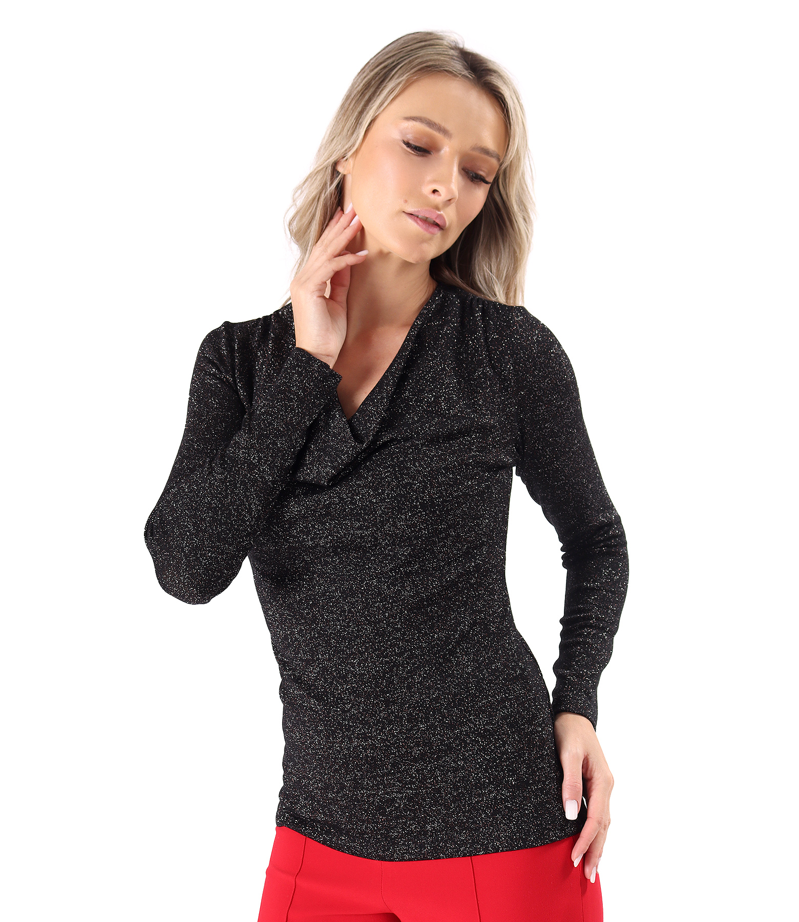 Elastic jersey blouse with metallic thread and pleated neckline