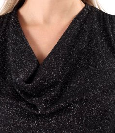Elastic jersey blouse with metallic thread and pleated neckline