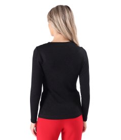 Elastic jersey blouse with metallic thread and pleated neckline