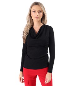 Elastic jersey blouse with metallic thread and pleated neckline