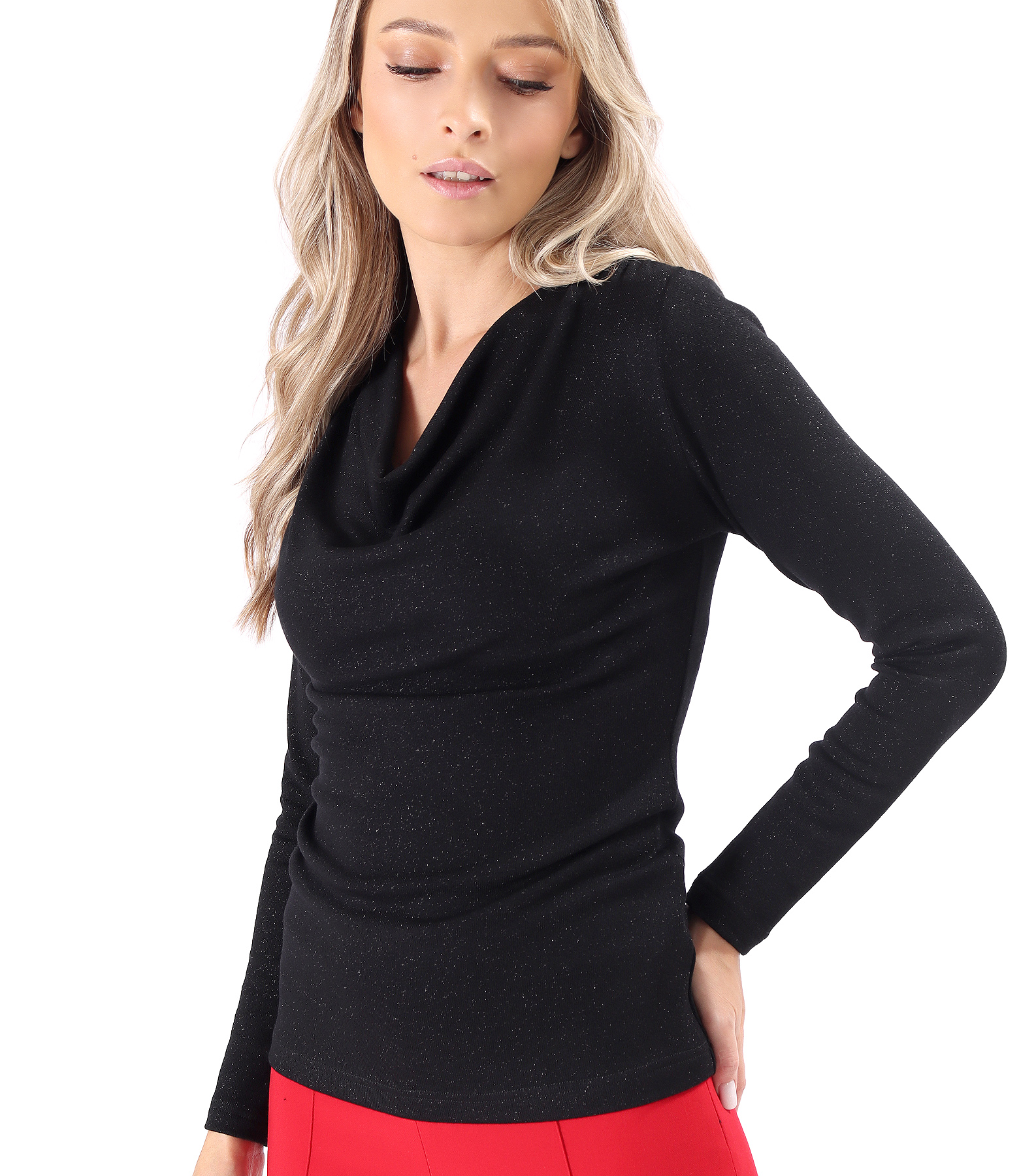 Elastic jersey blouse with metallic thread and pleated neckline