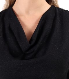 Elastic jersey blouse with metallic thread and pleated neckline