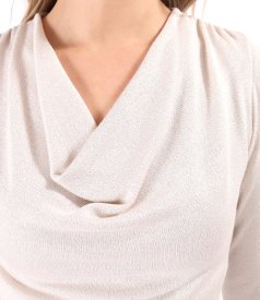 Elastic jersey blouse with metallic thread and pleated neckline