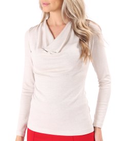Elastic jersey blouse with metallic thread and pleated neckline