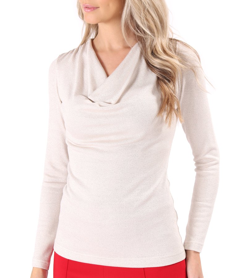 Elastic jersey blouse with metallic thread and pleated neckline