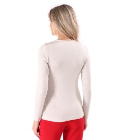 Elastic jersey blouse with metallic thread and pleated neckline