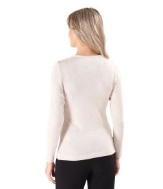 Elastic jersey blouse with metallic thread and pleated neckline