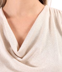 Elastic jersey blouse with metallic thread and pleated neckline