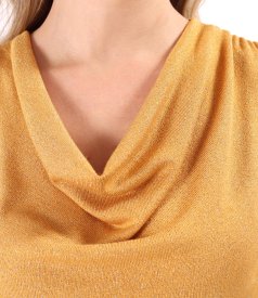 Elastic jersey blouse with metallic thread and pleated neckline