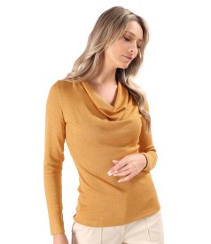 Elastic jersey blouse with metallic thread and pleated neckline