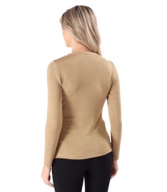 Elastic jersey blouse with metallic thread and pleated neckline