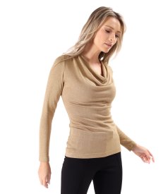 Elastic jersey blouse with metallic thread and pleated neckline