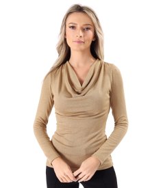 Elastic jersey blouse with metallic thread and pleated neckline