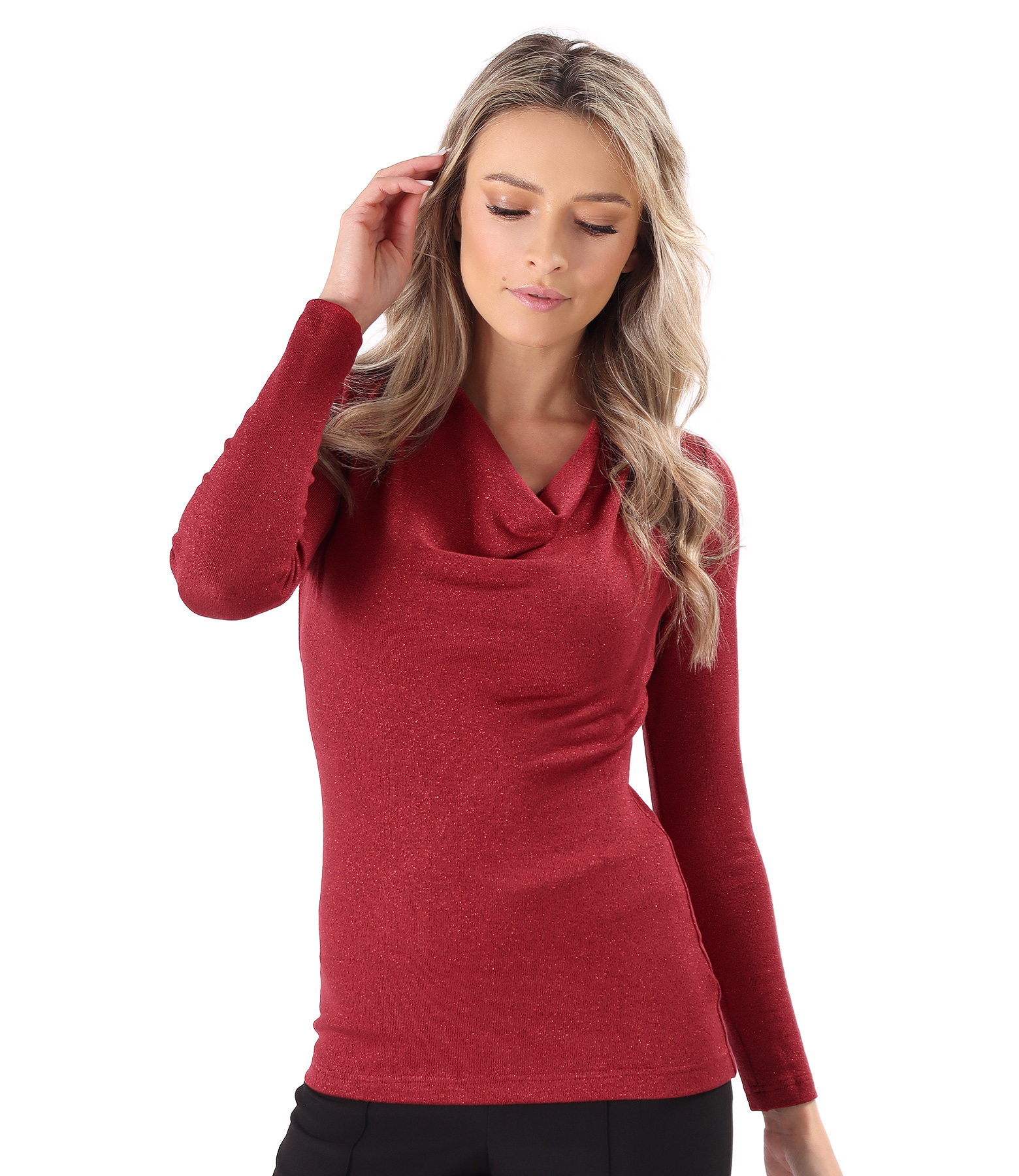 Elastic jersey blouse with metallic thread and pleated neckline