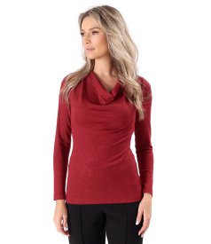 Elastic jersey blouse with metallic thread and pleated neckline