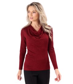 Elastic jersey blouse with metallic thread and pleated neckline