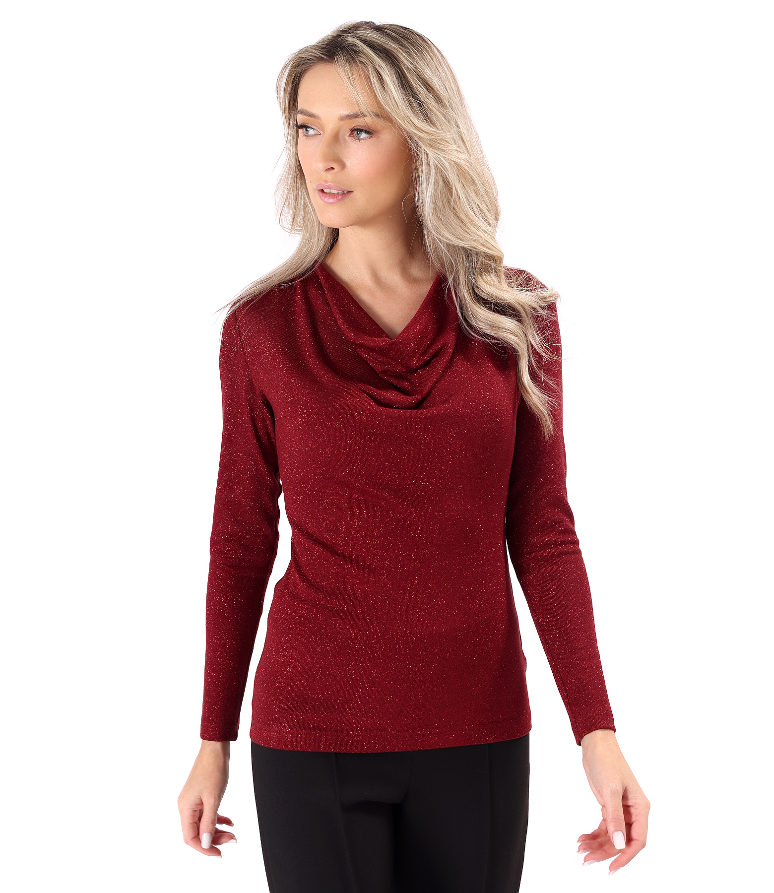 Elastic jersey blouse with metallic thread and pleated neckline