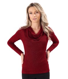 Elastic jersey blouse with metallic thread and pleated neckline