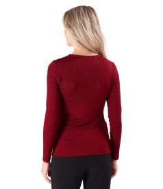 Elastic jersey blouse with metallic thread and pleated neckline
