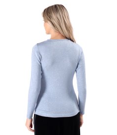 Elastic jersey blouse with metallic thread and pleated neckline