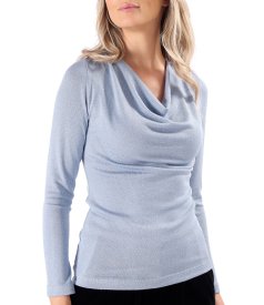 Elastic jersey blouse with metallic thread and pleated neckline