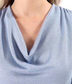 Elastic jersey blouse with metallic thread and pleated neckline