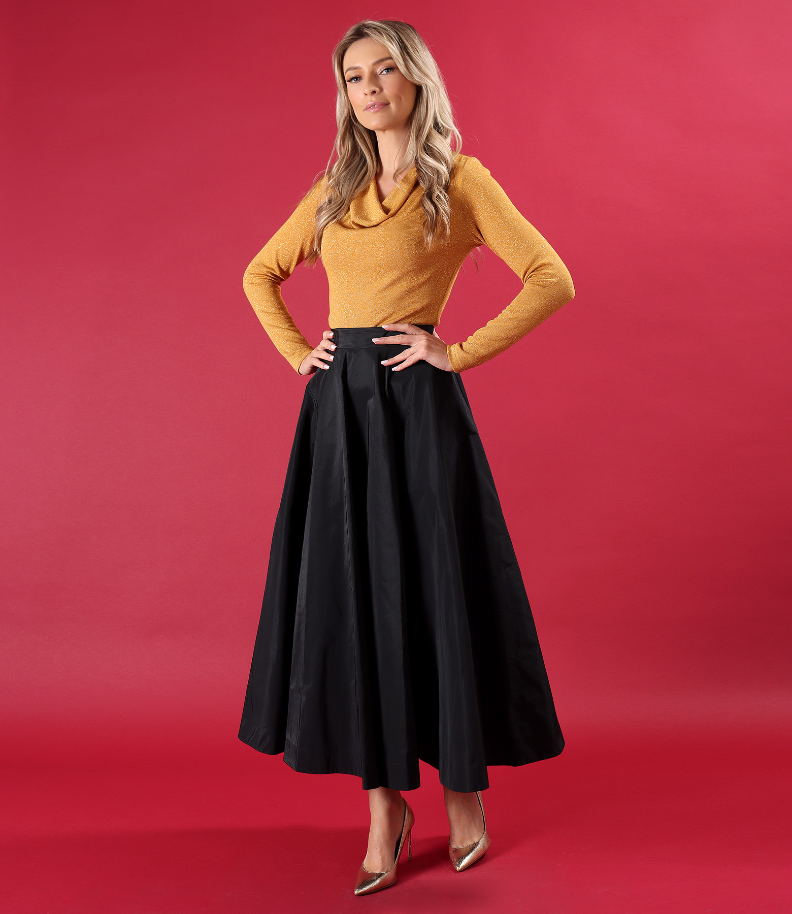 Long taffeta skirt with metallic jersey blouse