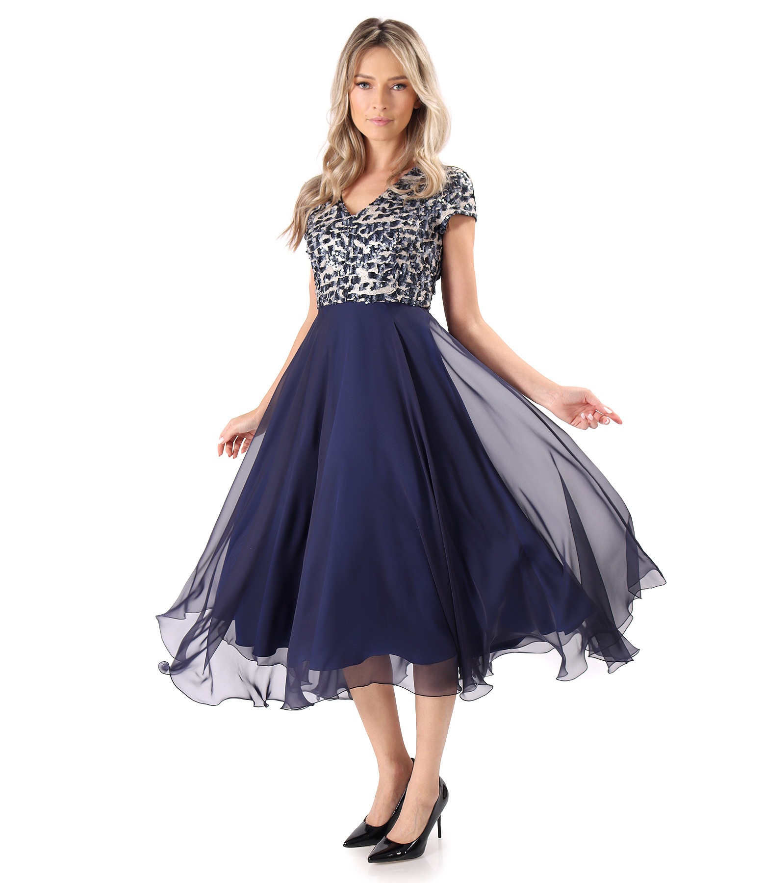 Evening veil dress with sequins corsage