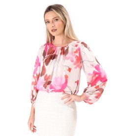 Blouse with folds at the neckline made of printed veil