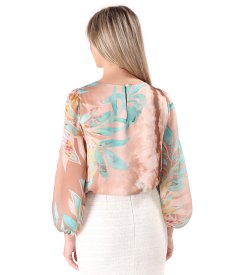 Blouse with folds at the neckline made of printed veil