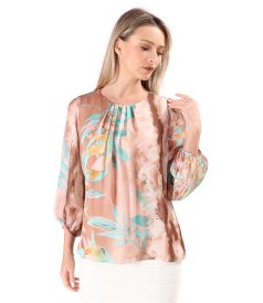 Blouse with folds at the neckline made of printed veil