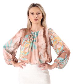 Blouse with folds at the neckline made of printed veil