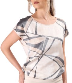 Casual blouse with satin viscose front and geometric motifs