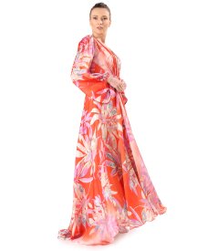 Long evening dress made of veil printed with floral motifs