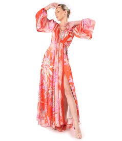 Long evening dress made of veil printed with floral motifs