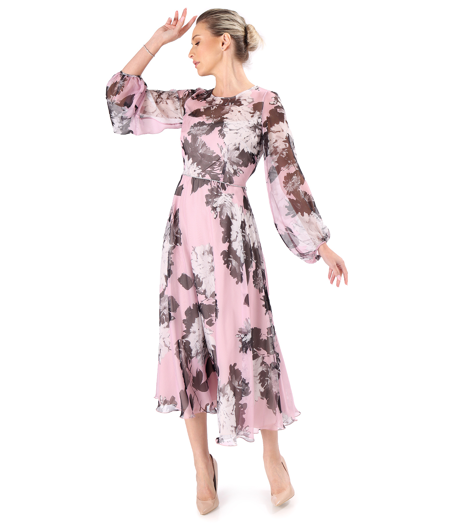 Midi dress in fine floral-print voile