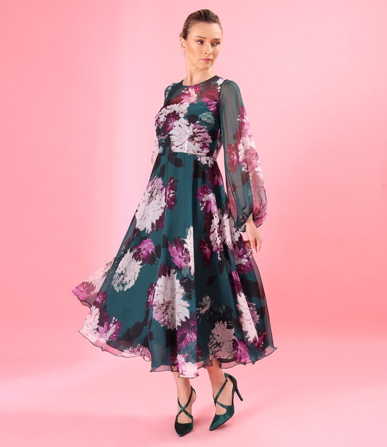 Midi dress in fine floral-print chiffon