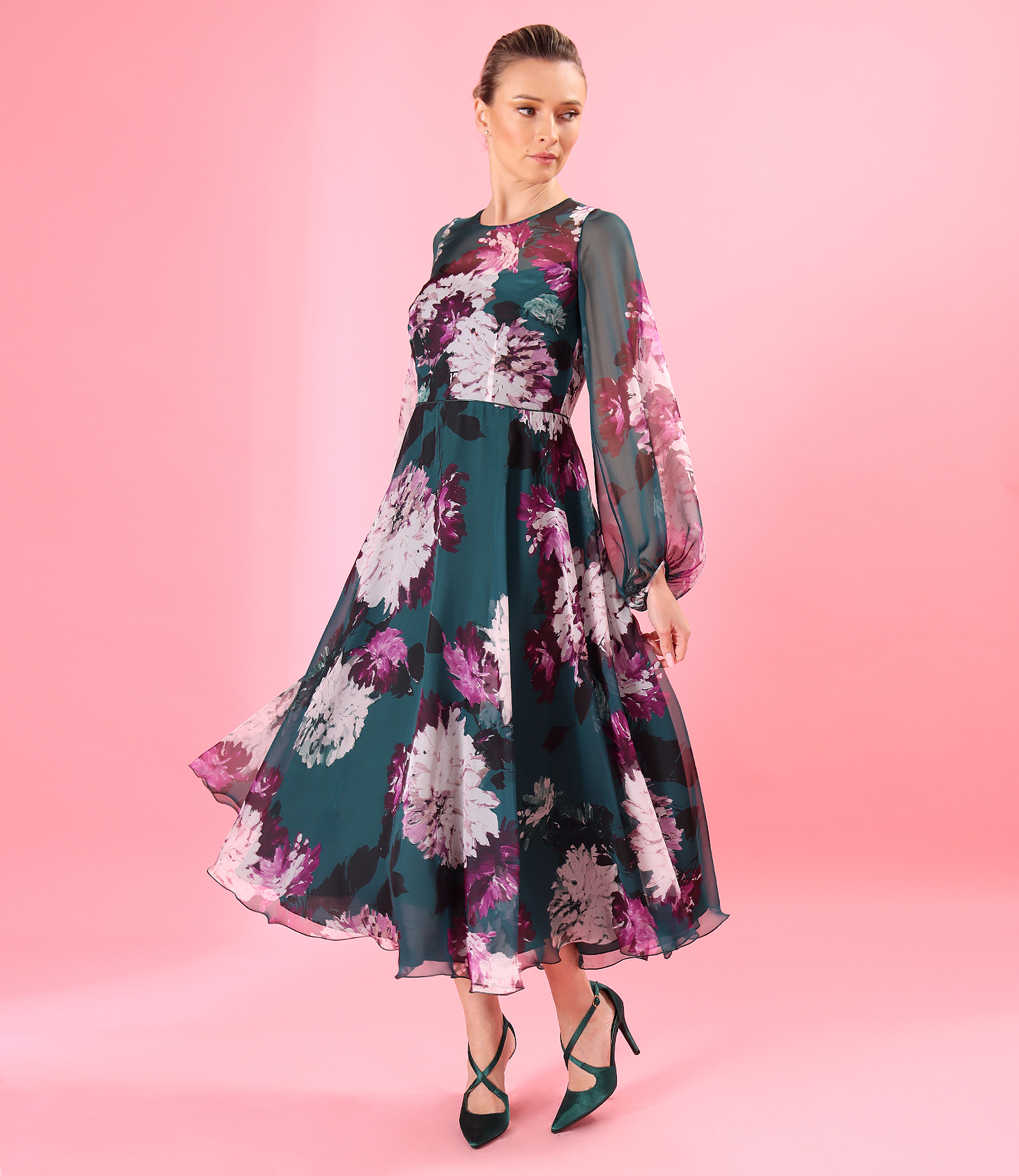 Midi dress in fine floral-print chiffon