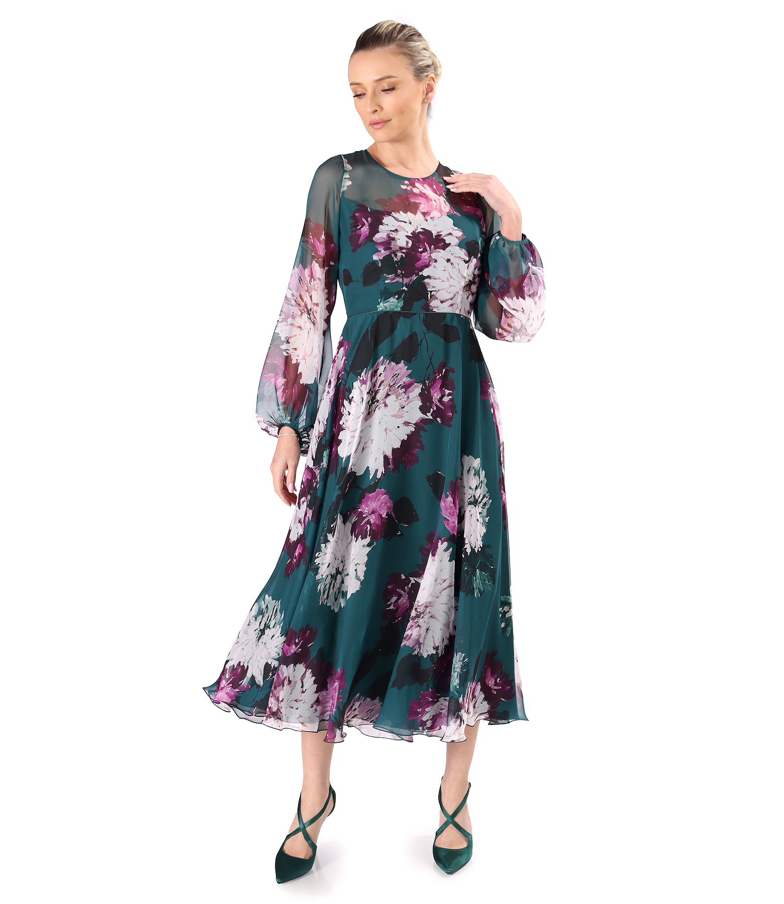 Midi dress in fine floral-print chiffon