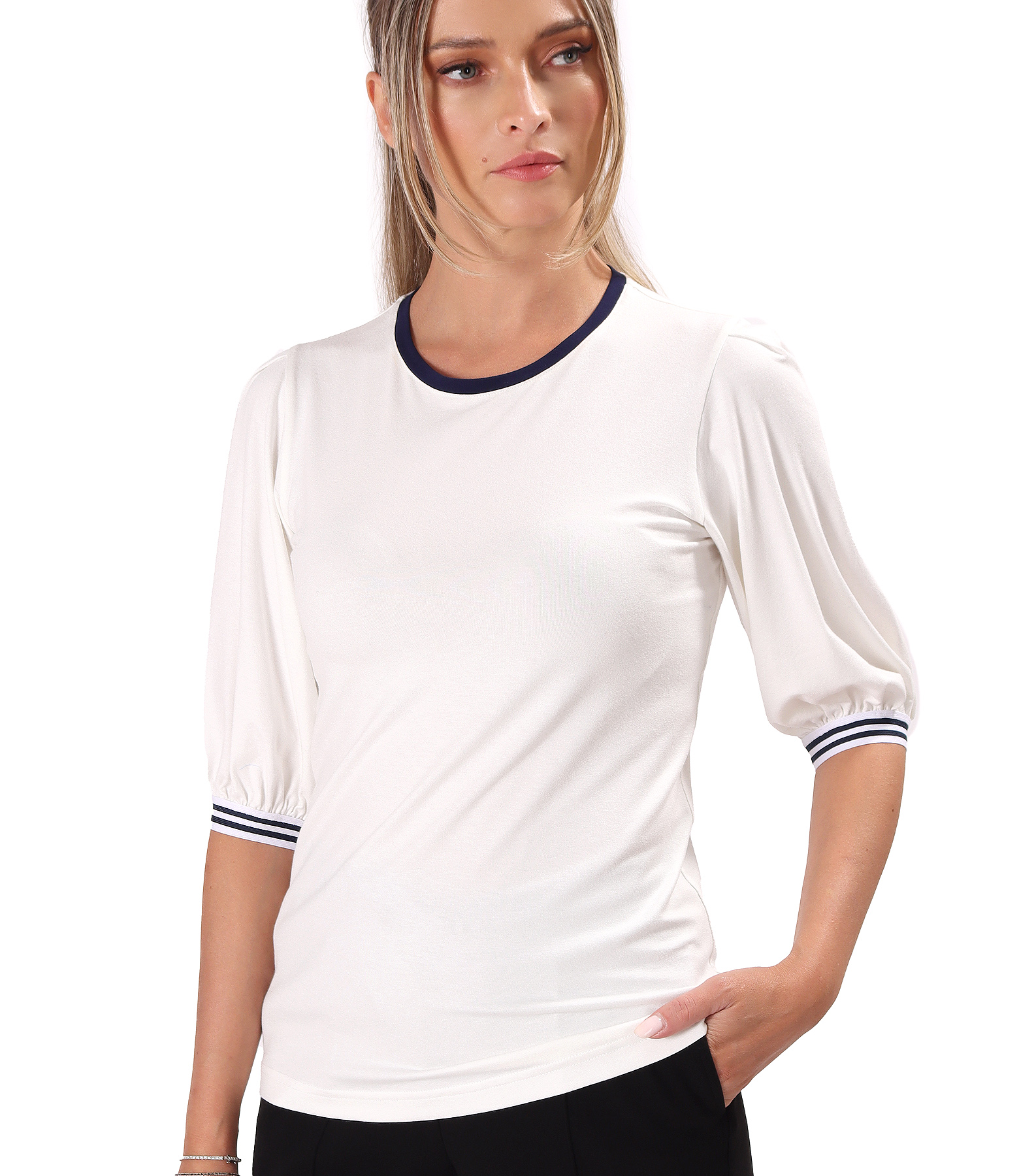 Elegant stretch jersey blouse with three-quarter sleeves
