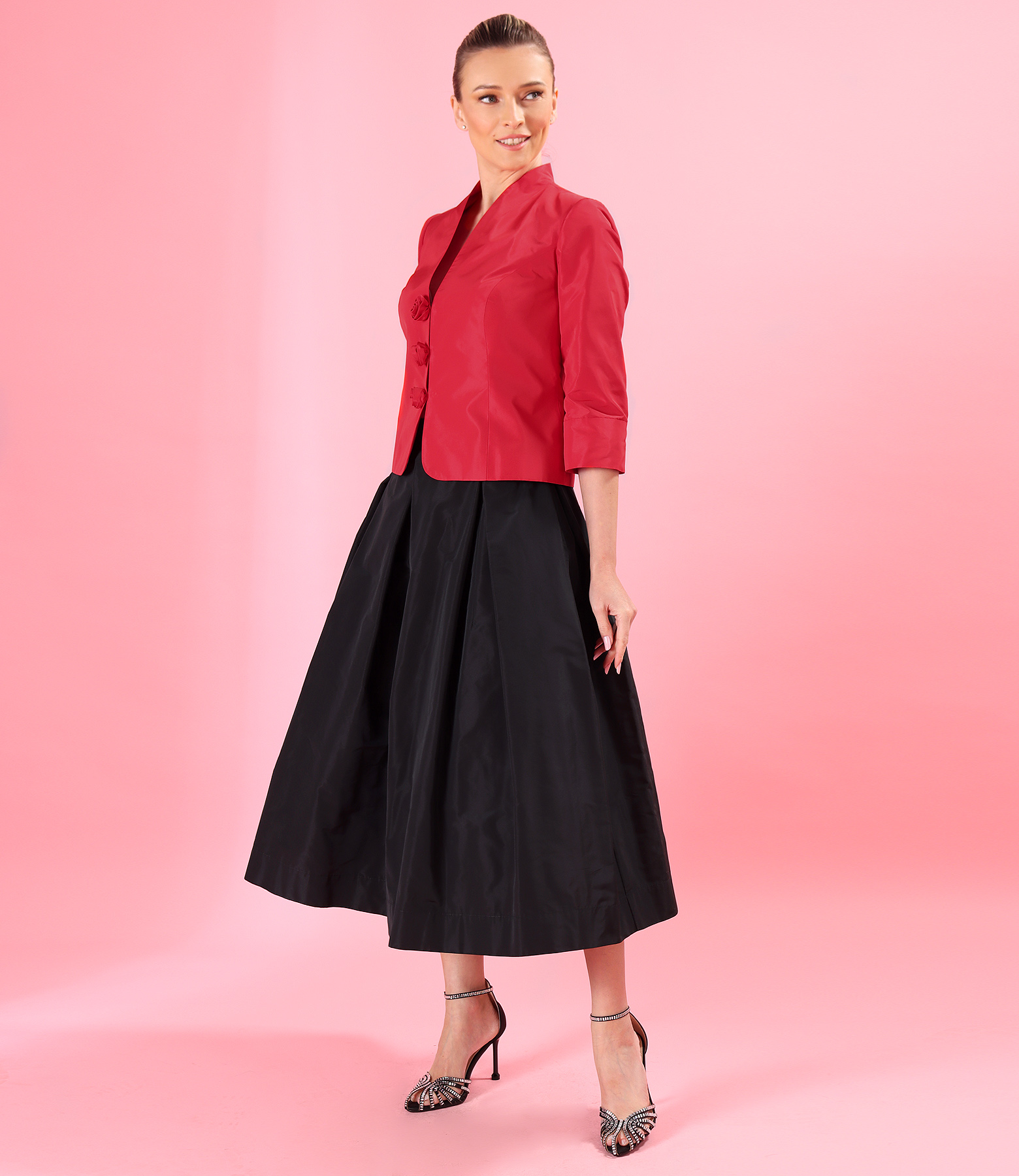 Evening outfit with midi skirt and matte-effect taffeta jacket