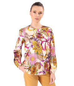 Elegant satin viscose blouse printed with floral motifs