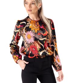 Elegant satin viscose blouse printed with floral motifs