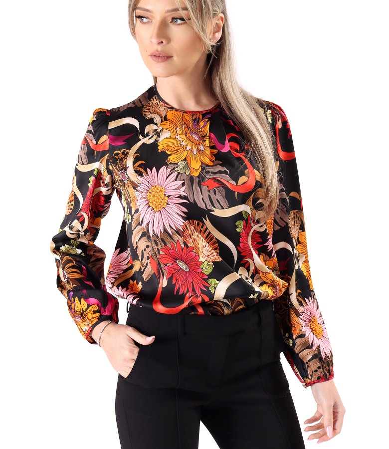 Elegant satin viscose blouse printed with floral motifs