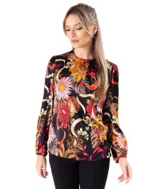 Elegant satin viscose blouse printed with floral motifs