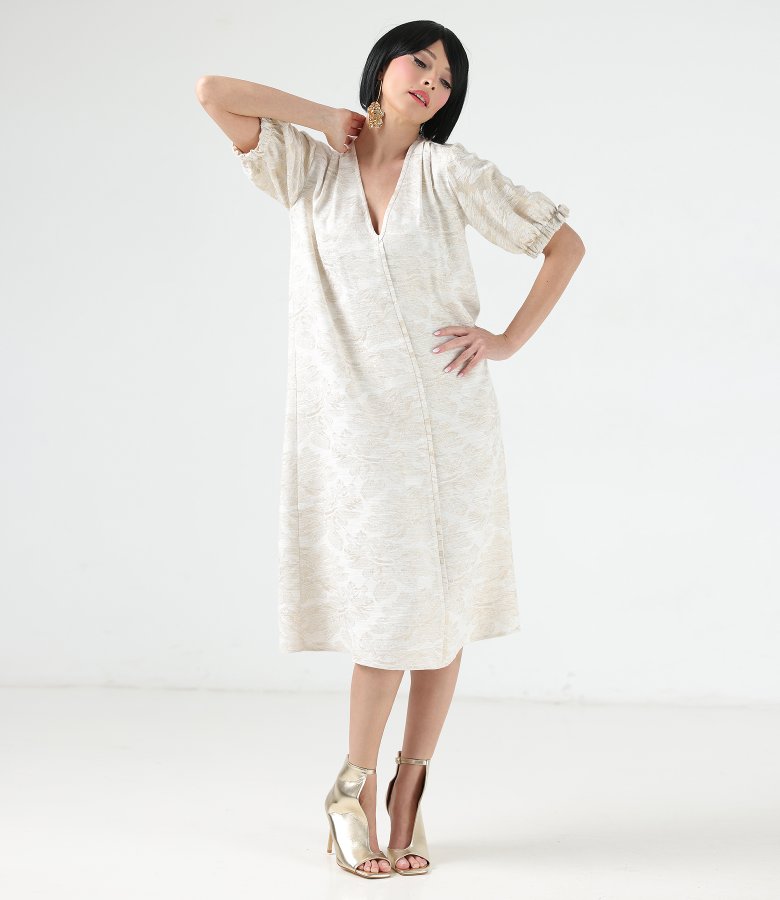 Viscose brocade midi dress with gold metallic thread